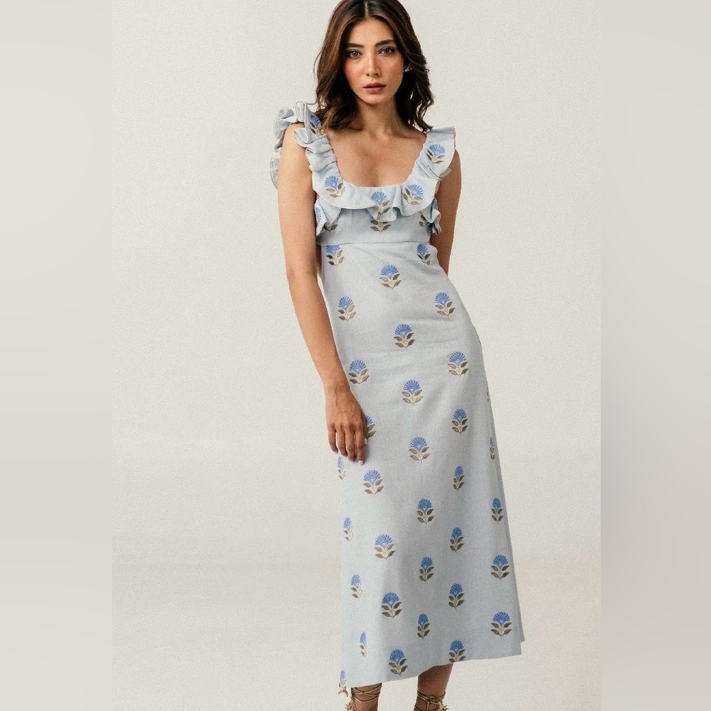 Sleeveless Ruffle Maxi Dress in Light Blue with Floral Motif